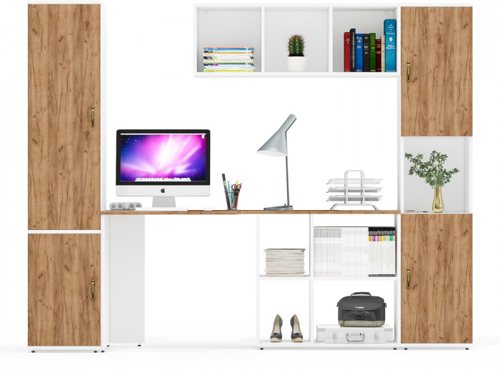 Лидер-8 Пенал МД 23Б + Стол + Полка + Пенал, цвет белый шагрень/крафт золото, ШхГхВ 245х50х75/190 или 155х120/50х75/190 см., НЕ универсальная сборка