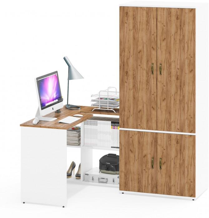 Лидер-8 Стол + Шкаф МД 19Б, цвет белый шагрень/крафт золото, ШхГхВ 245х50х75/190 или 115х160/50х75/190 см., НЕ универсальная сборка