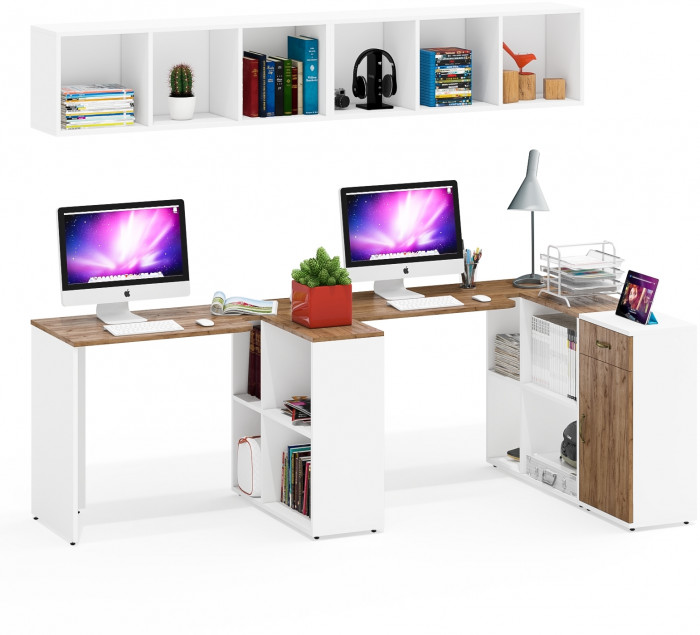 Лидер-8 Стол + Полка + Стол + Полка + Тумба МД 3.15, цвет белый шагрень/крафт золото, ШхГхВ 370х50/30х75 или 230х50/120х75 см., НЕ универс. сборка