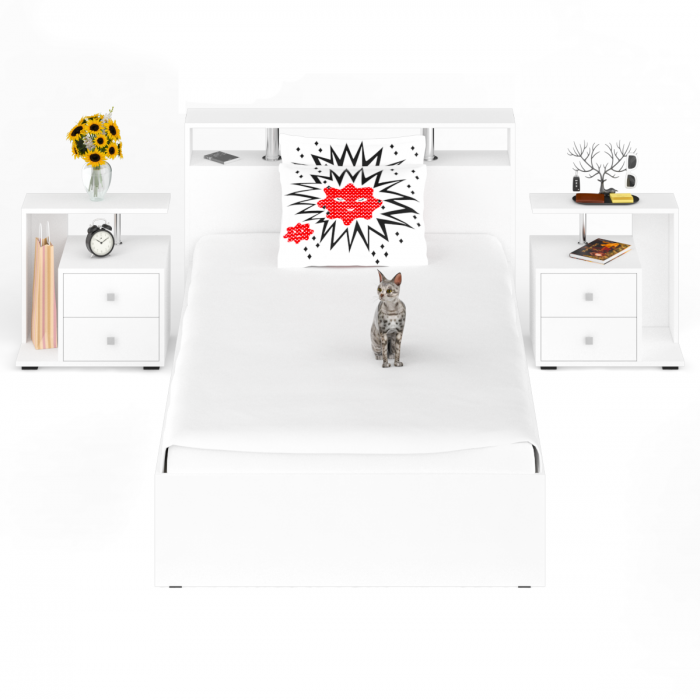 Камелия Кровать 1200 + две тумбы, цвет белый, ШхГхВ 236х217х78,2 см., сп.м. 1200х2000 мм., без матраса, основание есть