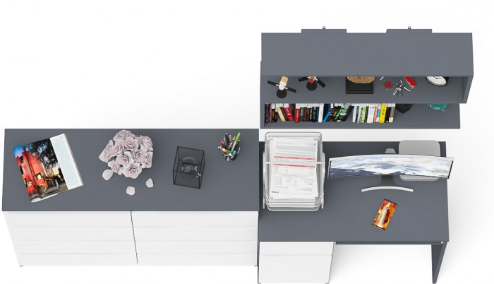 Мори Стол компьютерный МС-1 левый + Комод МК1200.8 + Полка 900, цвет графит/белый, ШхГхВ 210,4х50х209,6 см., НЕ универсальная сборка