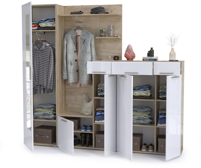 Лайн Прихожая № 10, цвет дуб крафт серый/фасады МДФ белый глянец, ШхГхВ 234,8х35,1х210 см., НЕ универсальная сборка