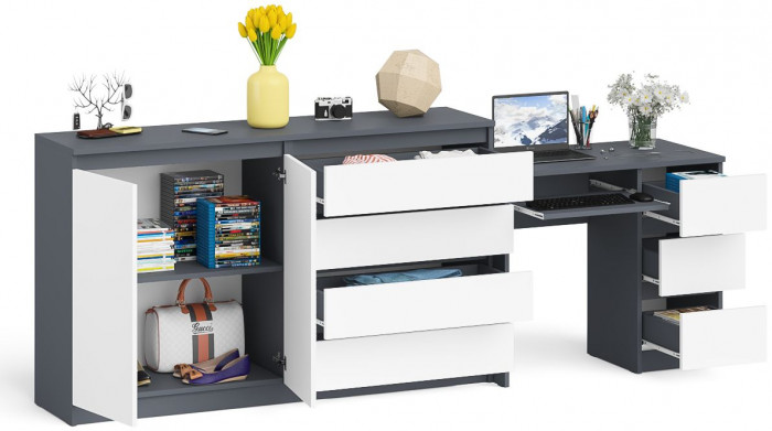 Мори Стол компьютерный МС-6 правый + Комод МК1600.1, цвет графит/белый, ШхГхВ 250,4х50х94 см., выдвижные ящики справа, НЕ универсальная сборка