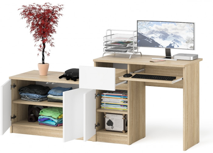 Мори Стол компьютерный МС-1 левый + Тумба МА900.1, цвет дуб сонома/белый, ШхГхВ 180,4х50,4х76,6 см., выдвижной ящик слева, НЕ универсальная сборка