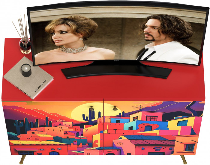 Кармин Комод-тумба 16.230.03, цвет красный/белый, ШхГхВ 115,3х42,6х93,2 см., фасады с рисунком Бразильские домики, две дверки