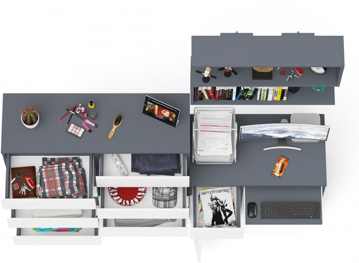 Мори компьютерный стол МС-1 левый + Комод МК1200.10 + Полка 900, графит/белый