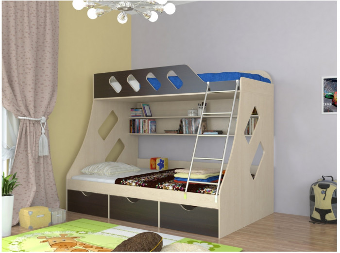 Дельта-20.01 Детская двухъярусная кровать с лестницей (Кремовый, Дуб молочный)