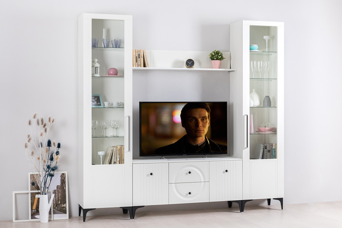 Валенсия Гостиная 16.481 Полка, цвет ЛДСП белый шагрень/МДФ белый шагрень, ШхГхВ 133х22,2х23,8 см.