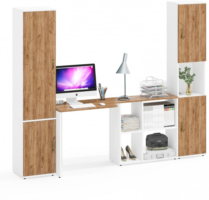 Лидер-8 Пенал МД 22Б + Стол + Пенал, белый шагрень/крафт золото