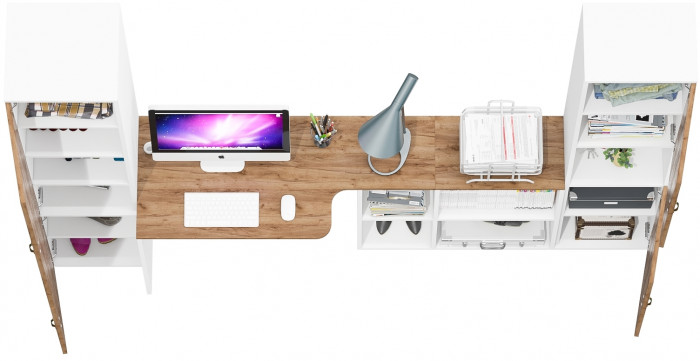 Лидер-8 Пенал МД 22Б + Стол + Пенал, белый шагрень/крафт золото