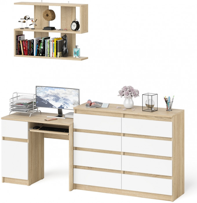 Мори Стол компьютерный МС-1 левый + Комод МК1200.8 + Полка 900, цвет дуб сонома/белый, ШхГхВ 210,4х50х209,6 см., НЕ универсальная сборка