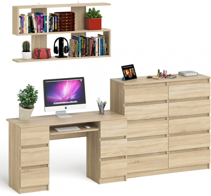 Мори компьютерный стол МС-2 + Комод МК1200.10 + Полка 1200, дуб сонома