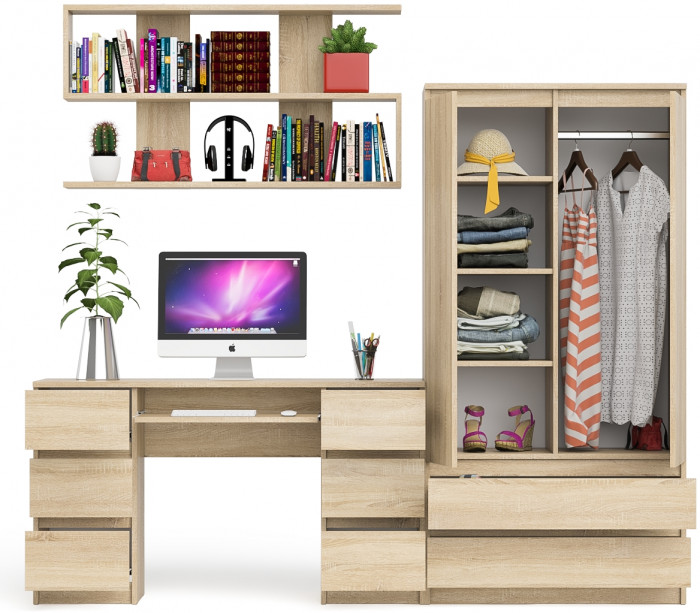 Мори компьютерный стол МС-2 + Шкаф МШ900.1 + Полка 1200, дуб сонома
