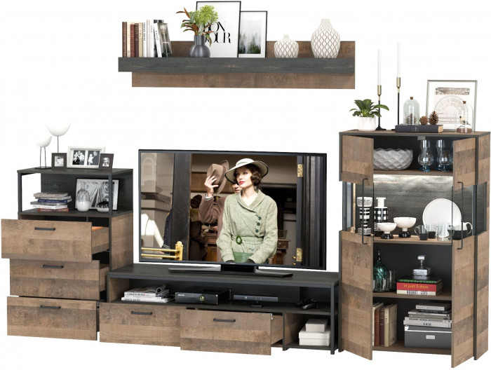 Трувор Гостиная 065, цвет дуб гранж песочный/интра, ШхГхВ 301,6х45,4х195 см., универсальная сборка