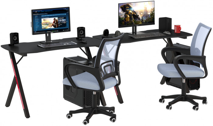 Два игровых стола Мебель--24 GT-2310 + два кресла компьютерных 103 серых, цвет чёрный, ШхГхВ 240х60х73 + 59х56х83-94 см.
