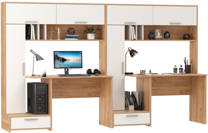 Лайт Стол письменный 03.243Н + Лайт Стол письменный 03.243Н, цвет дуб крафт золотой/белый премиум, ШхГхВ 300,4х57,3х179,9 см., НЕ универсальная сборка