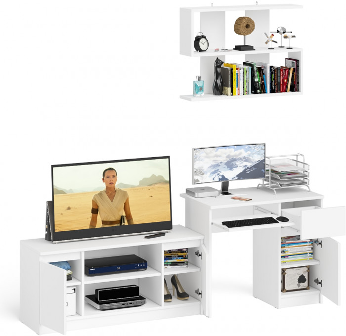 Мори Стол компьютерный МС-1 правый + Тумба МТВ1200.1 + Полка 900, цвет белый, ШхГхВ 210,4х50х209,6 см., НЕ универсальная сборка