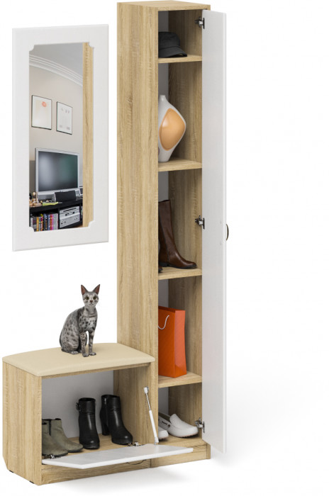 Прихожая П-6 Компоновка № 20, цвет дуб сонома/фасады МДФ белое дерево фрезеровка ромб, ШхГхВ 90х35х210 см., универсальная сборка