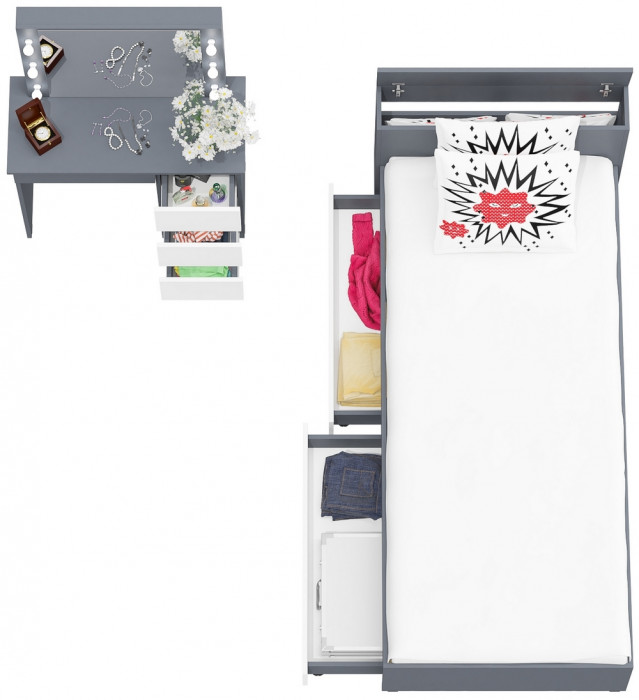 Ксения Кровать с ящиками 0900 + Стол косметический с подсветкой Сура, графит/белый