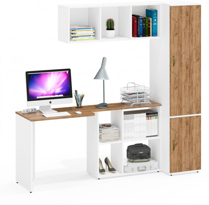 Лидер-8 Стол + Полка + Пенал МД 23Б, белый шагрень/крафт золото