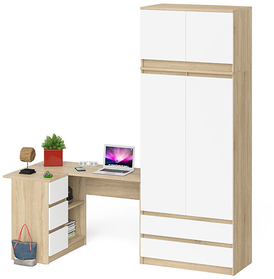 Мори компьютерный стол МС-16 левый + Шкаф МШ900.1 + Антресоль МА900.1, дуб сонома/белый