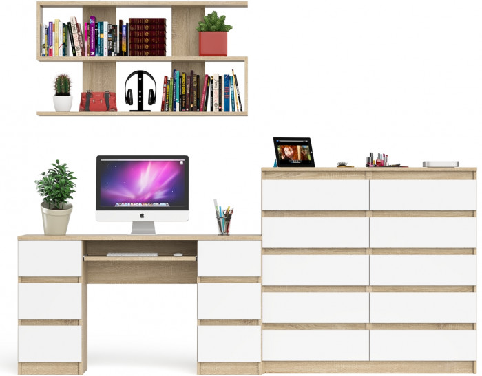 Мори компьютерный стол МС-2 + Комод МК1200.10 + Полка 1200, дуб сонома/белый