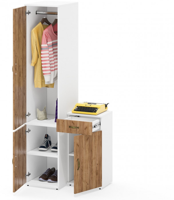 Лидер-8 Пенал МД 23Б + Тумба МД 3.15, цвет белый шагрень/крафт золото, ШхГхВ 80х50х190 см., универсальная сборка