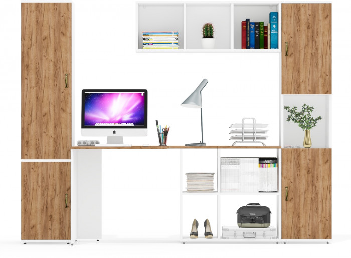 Лидер-8 Пенал МД 22Б + Стол + Полка + Пенал, белый шагрень/крафт золото