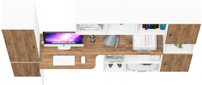 Лидер-8 Пенал МД 22Б + Стол + Полка + Пенал, белый шагрень/крафт золото