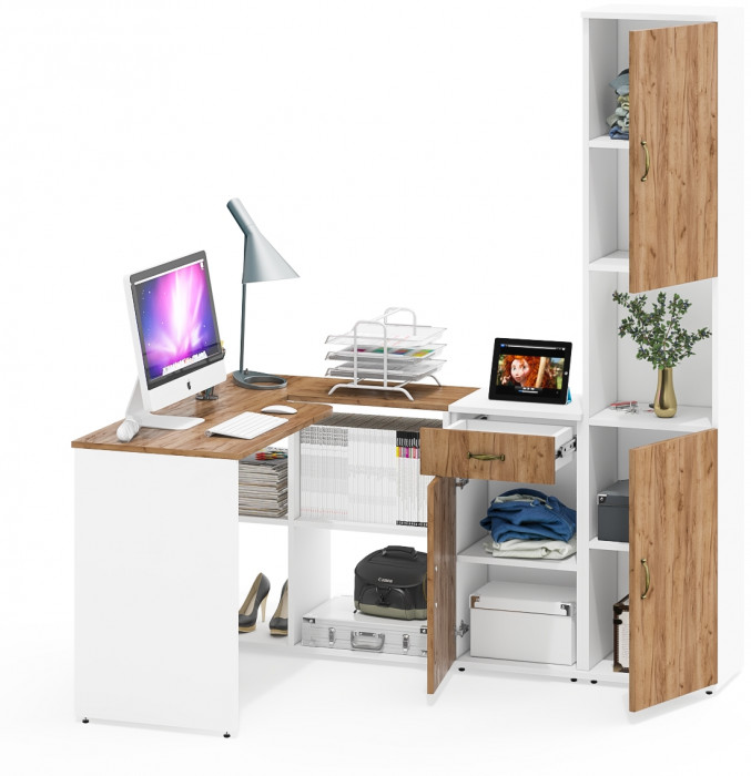 Лидер-8 Стол + Тумба МД 3.15 + Пенал, белый шагрень/крафт золото