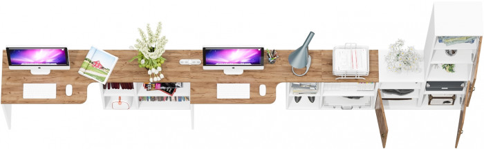 Лидер-8 Стол + Стол + Пенал + Тумба МД 3.19, цвет белый шагрень/крафт золото, ШхГхВ 410х50/30х75/190 см. или 230х50/160х75/190 см., НЕ универс. сборка