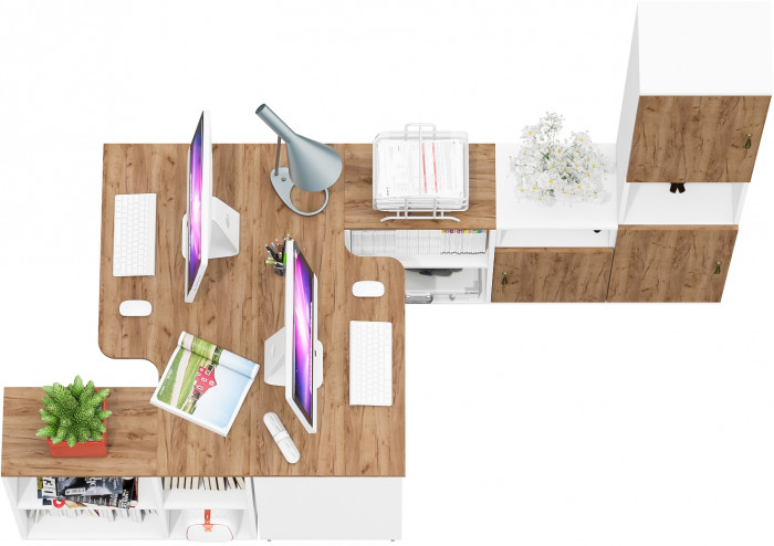 Лидер-8 Стол + Стол + Пенал + Тумба МД 3.19, цвет белый шагрень/крафт золото, ШхГхВ 410х50/30х75/190 см. или 230х50/160х75/190 см., НЕ универс. сборка