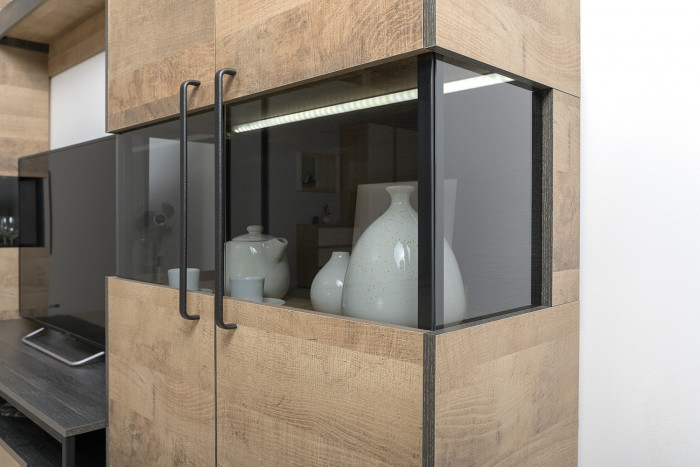 Трувор 13.70 Тумба под ТВ + 13.306 Комод с витриной + 15.60 Полка, дуб гранж песочный/интра