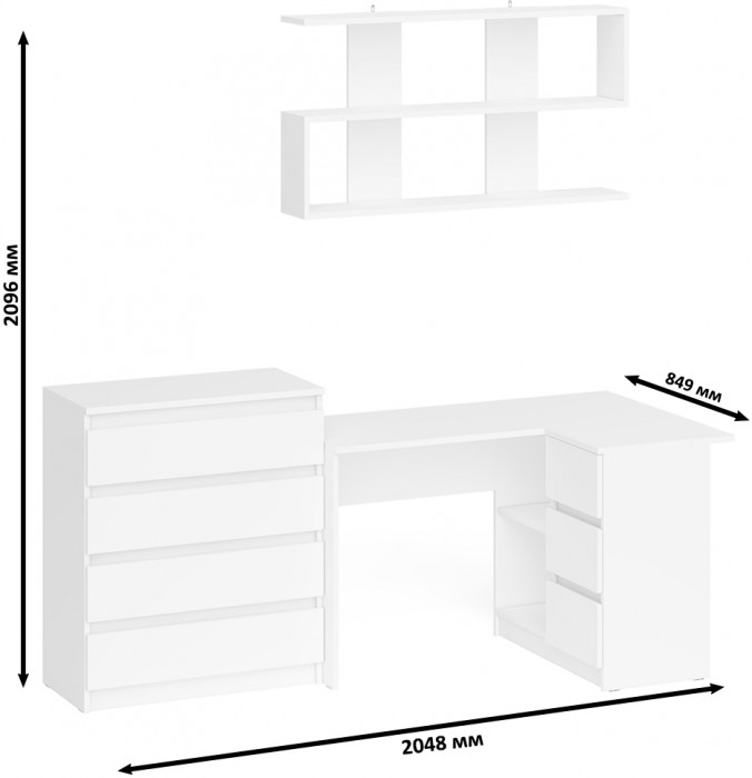 Мори компьютерный стол МС-16 правый + Комод МК800.4 + Полка 1200, белый
