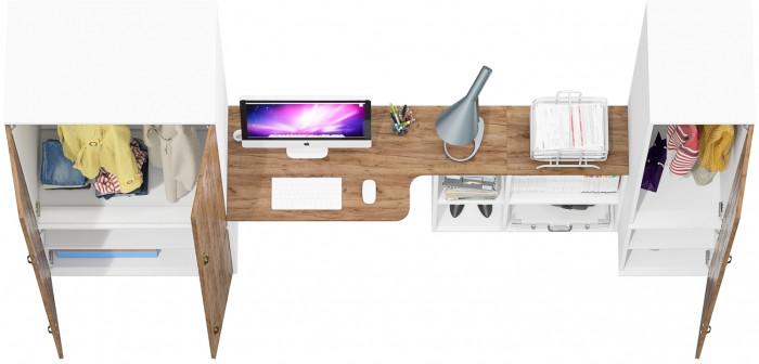 Лидер-8 Шкаф МД 19Б + Стол + Пенал 23Б, цвет белый шагрень/крафт золото, ШхГхВ 285х50/37,5х75/190 или 195х120х75/190 см., НЕ ун.сб.