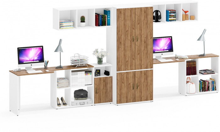 Лидер-8 Стол + Полка + Стол + Полка + Шкаф МД 19Б + Тумба МД 3.19, цвет белый шагрень/крафт золото, 450х50х75/190 или 230х200/50х75/190, НЕ ун. сб.