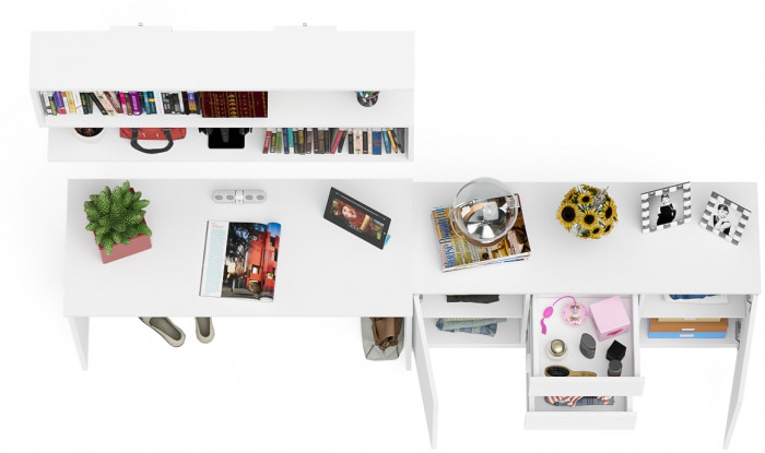 Мори Стол письменный МСП1200.1 + Комод МК1200.3 + Полка 1200, цвет белый, ШхГхВ 240,8х50х209,6 см., универсальная сборка