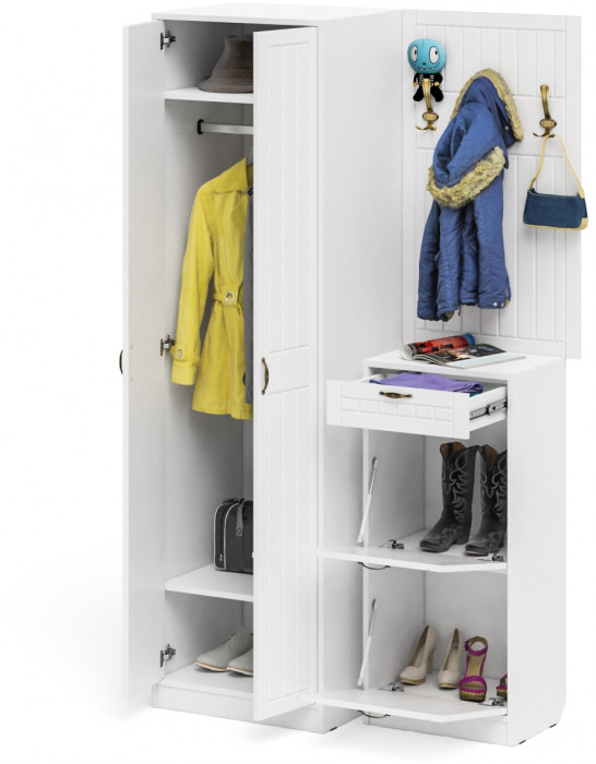 Прихожая П-6 Компоновка № 18, цвет белая шагрень/фасады МДФ белое дерево фрезеровка прованс, ШхГхВ 120х50х210 см., универсальная сборка