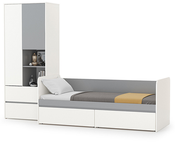 Торонто 11.39 Кровать + 13.333 Шкаф для одежды, цвет белый шагрень/стальной серый, ШхГхВ 274х84,4х195,7 см., сп. м. 800х1900 мм., б/м, основание есть