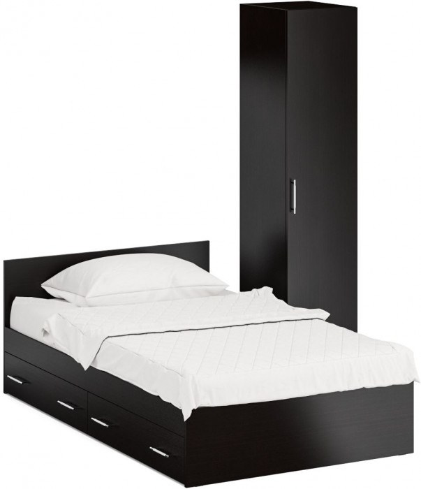 Кровать с ящиками 1200 + Пенал Стандарт, цвет венге, ШхГхВ 123,5х203,5х70 + 45х52х200 см., сп.м. 1200х2000 мм., без матраса, основание есть