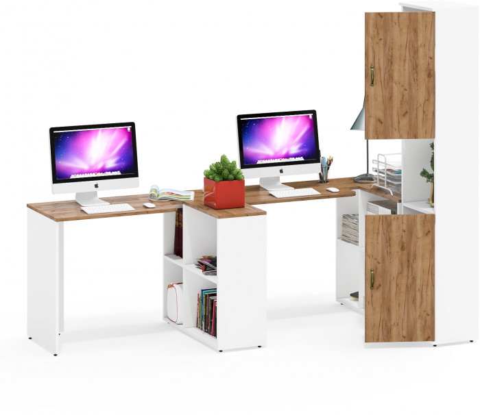 Лидер-8 Стол + Стол + Пенал, цвет белый шагрень/крафт золото, ШхГхВ 370х50/30х75/190 см. или 230х50/120х75/190 см., НЕ универсальная сборка