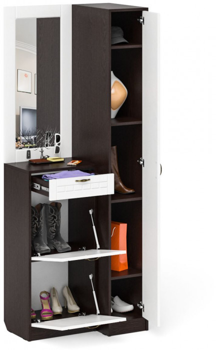 Прихожая П-6 Компоновка № 43, цвет венге/фасады МДФ белое дерево фрезеровка прованс, ШхГхВ 80х50х210 см., универсальная сборка