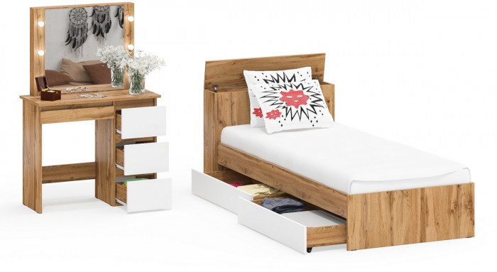 Ксения Кровать с ящиками 0900 + Стол косметический с подсветкой Сура, дуб вотан/белый