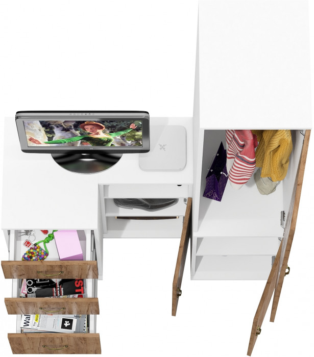 Лидер-8 Пенал МД 23Б + Тумба МД 3.16 + Тумба МД 3.19, цвет белый шагрень/крафт золото, ШхГхВ 120х50х190 см., универсальная сборка