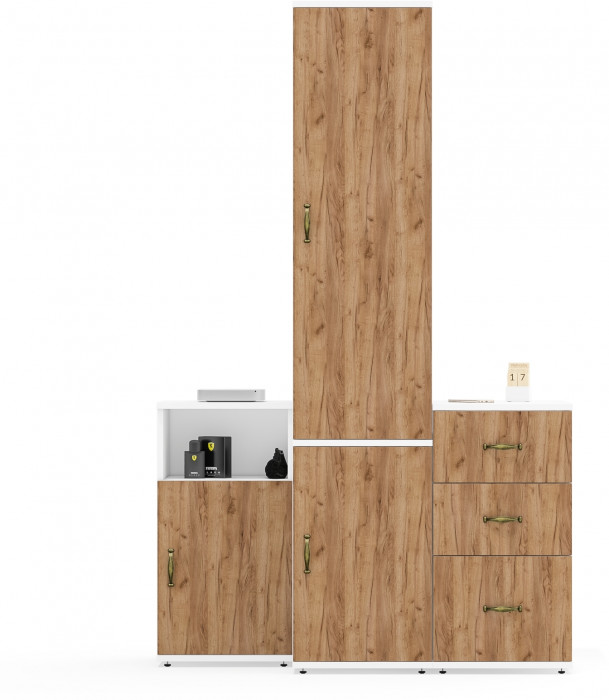 Лидер-8 Пенал МД 23Б + Тумба МД 3.16 + Тумба МД 3.19, цвет белый шагрень/крафт золото, ШхГхВ 120х50х190 см., универсальная сборка