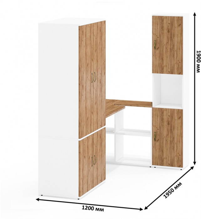Лидер-8 Шкаф МД 19Б + Стол + Пенал, цвет белый шагрень/крафт золото, ШхГхВ 285х50/37,5х75/190 или 195х120х75/190 см., НЕ универсальная сборка