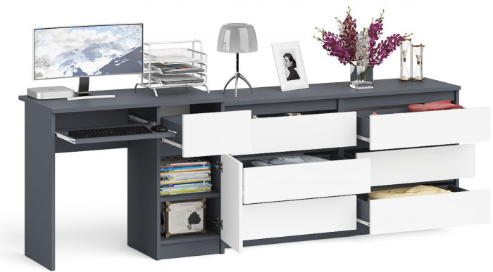 Мори Стол компьютерный МС-1 правый + Комод МК1380.6, цвет графит/белый, ШхГхВ 228х50х76,6 см., выдвижной ящик справа, НЕ универсальная сборка