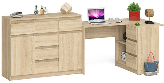 Мори компьютерный стол МС-16 правый + Комод МК1200.4, дуб сонома