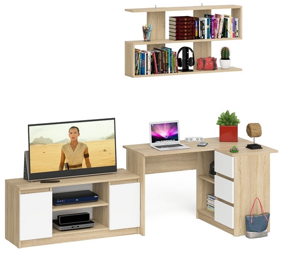 Мори компьютерный стол МС-16 правый + Тумба МТВ1200.1 + Полка 1200, дуб сонома/белый