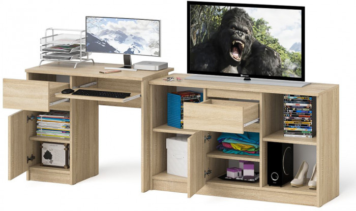Мори Стол компьютерный МС-1 левый + Тумба МТВ1204.1, цвет дуб сонома, ШхГхВ 210,4х50х76,6 см., выдвижной ящик слева, НЕ универсальная сборка